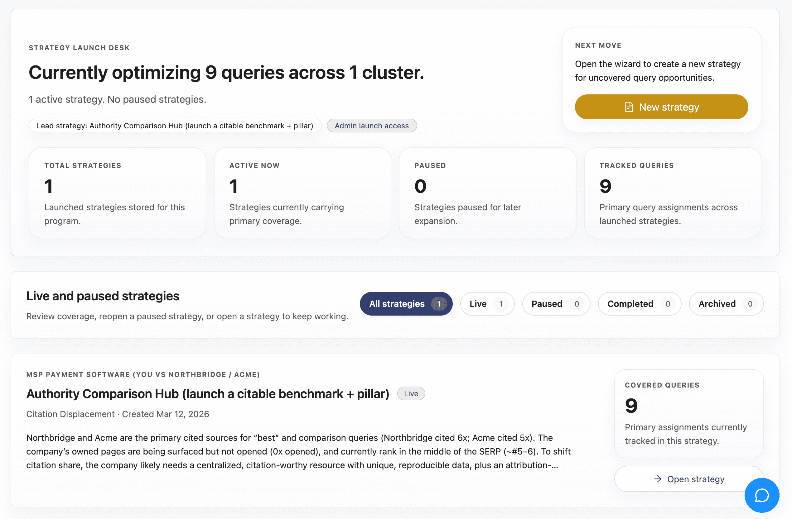 Illustrative product preview of AI strategy engine recommendations.