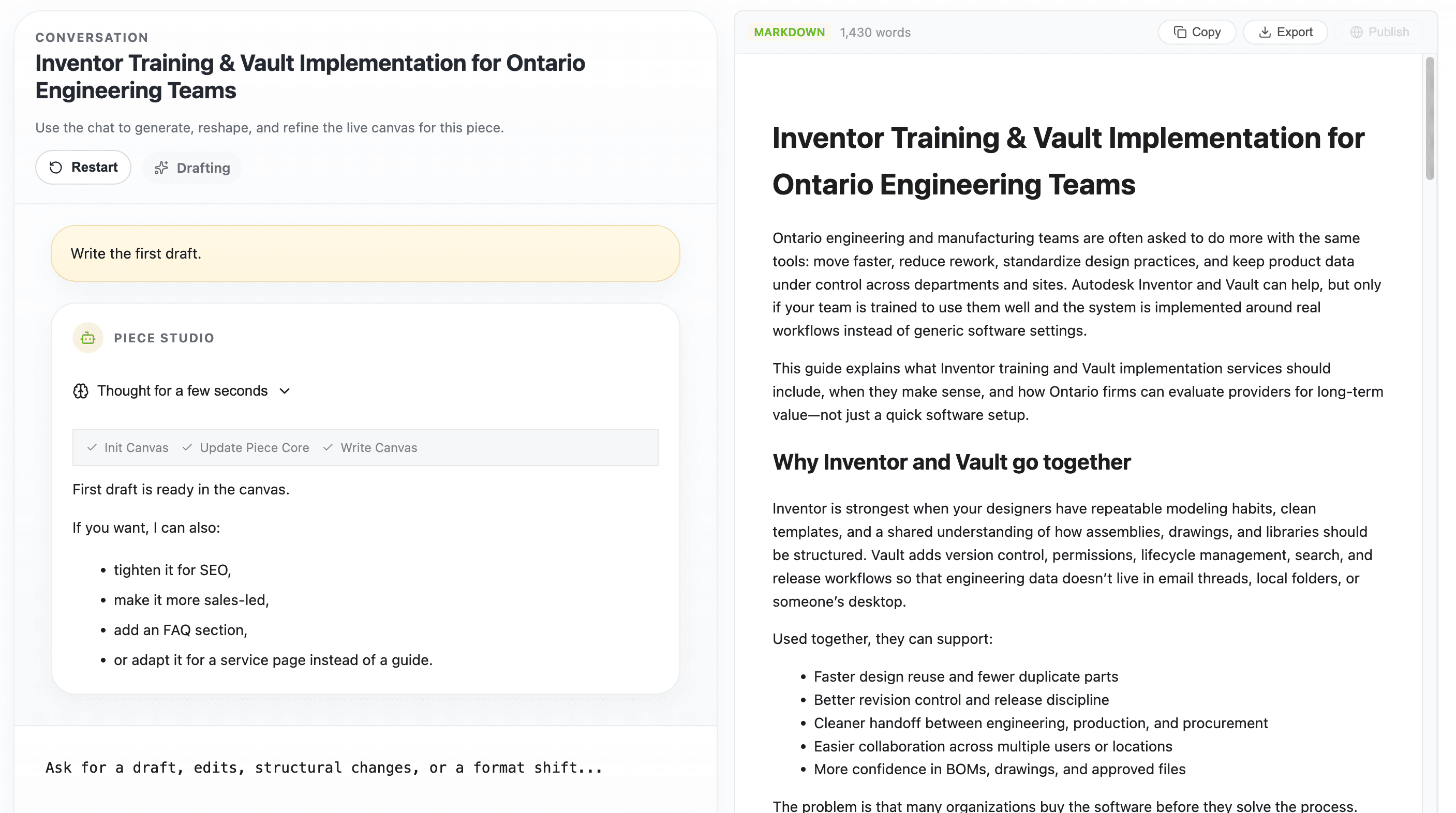 Polaris content studio showing AI-driven diagnosis, content generation chat, and publishable asset canvas
