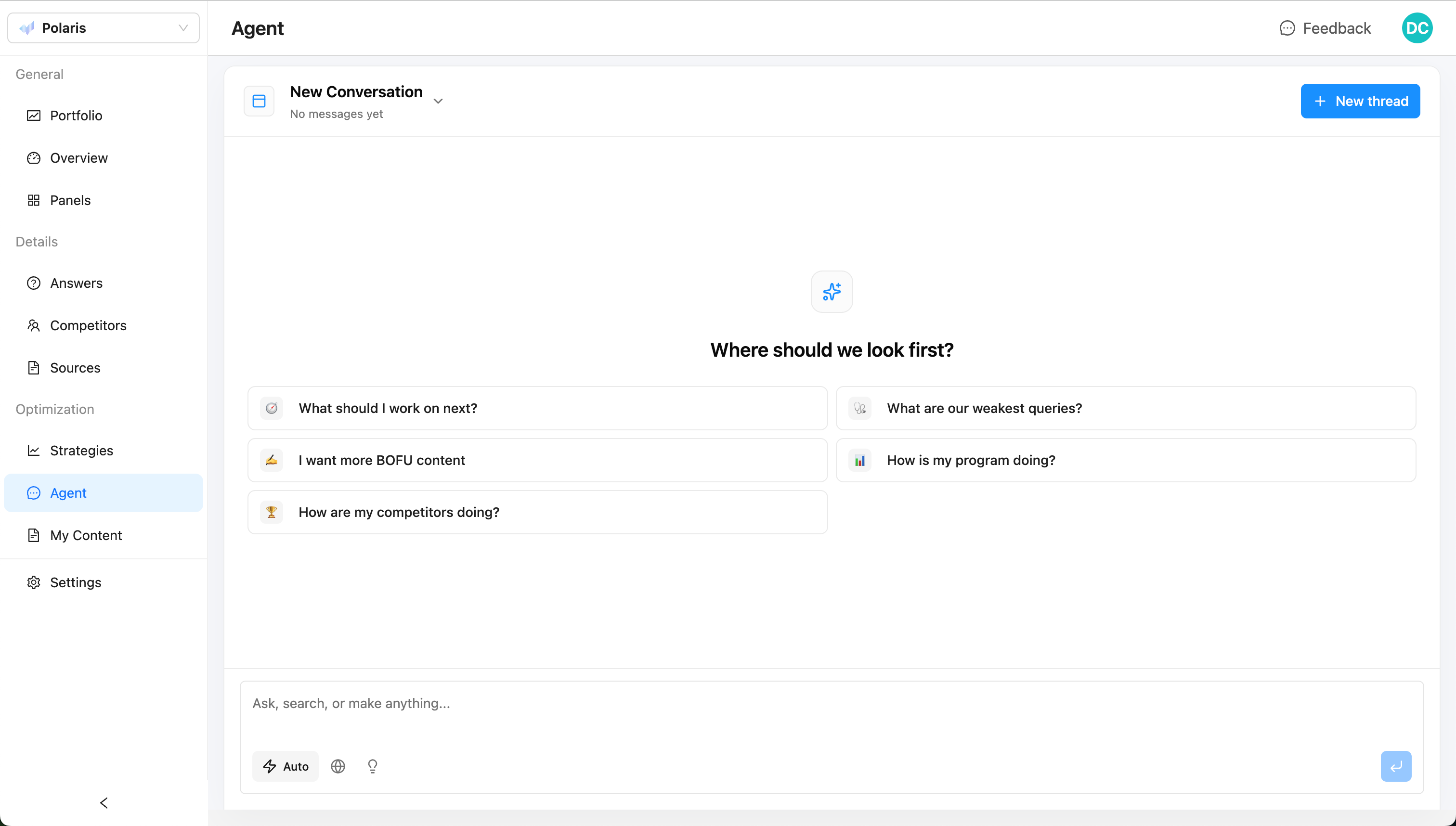 Polaris Agent workspace showing strategy starter prompts and conversation thread