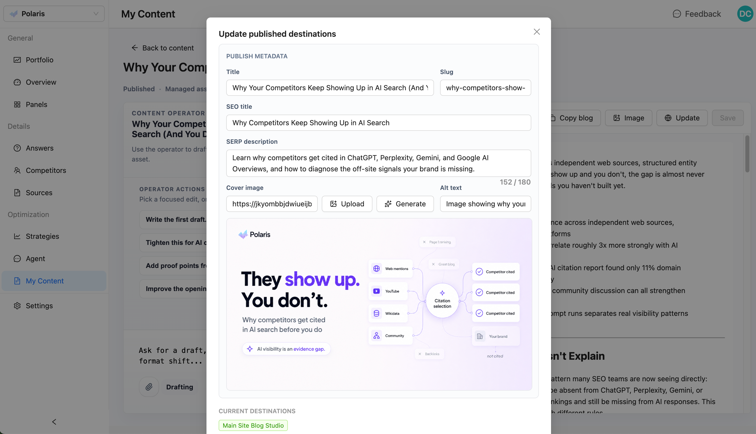 Publish modal with AI-generated cover image for a blog post